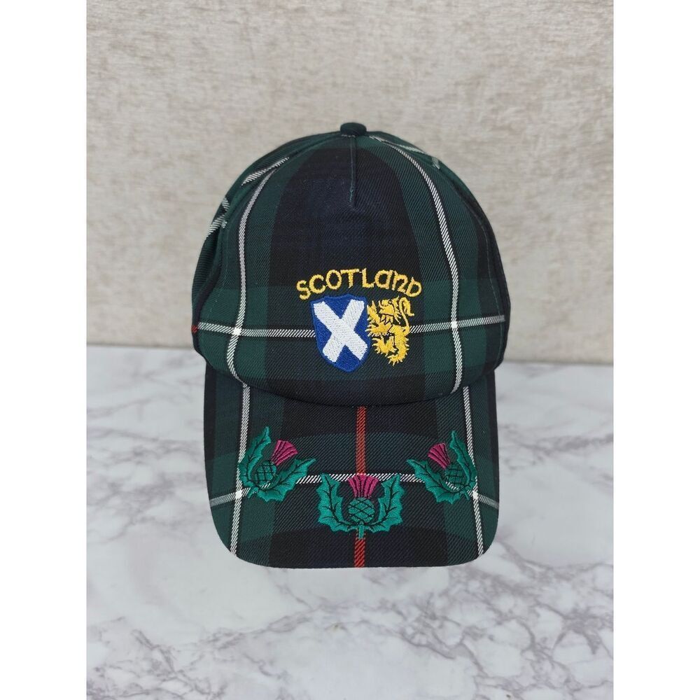 Scotland Vintage Tartan Plaid Embroidered Cap Hat Green Black Wool Cotton